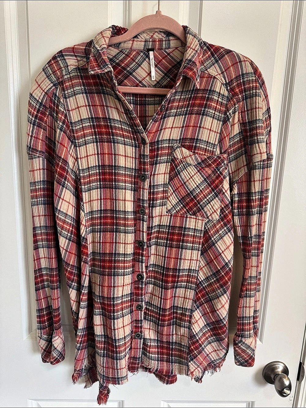 Free People Pacific Dawn Plaid Shirt Red & Blue Medium